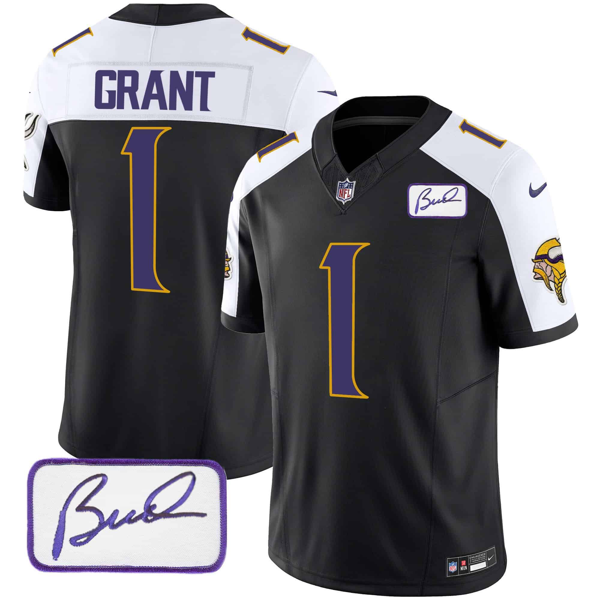 Men Minnesota Vikings 1 Grant Black 2024 Nike Bud Grant Patch Classic Limited NFL Jersey style 1